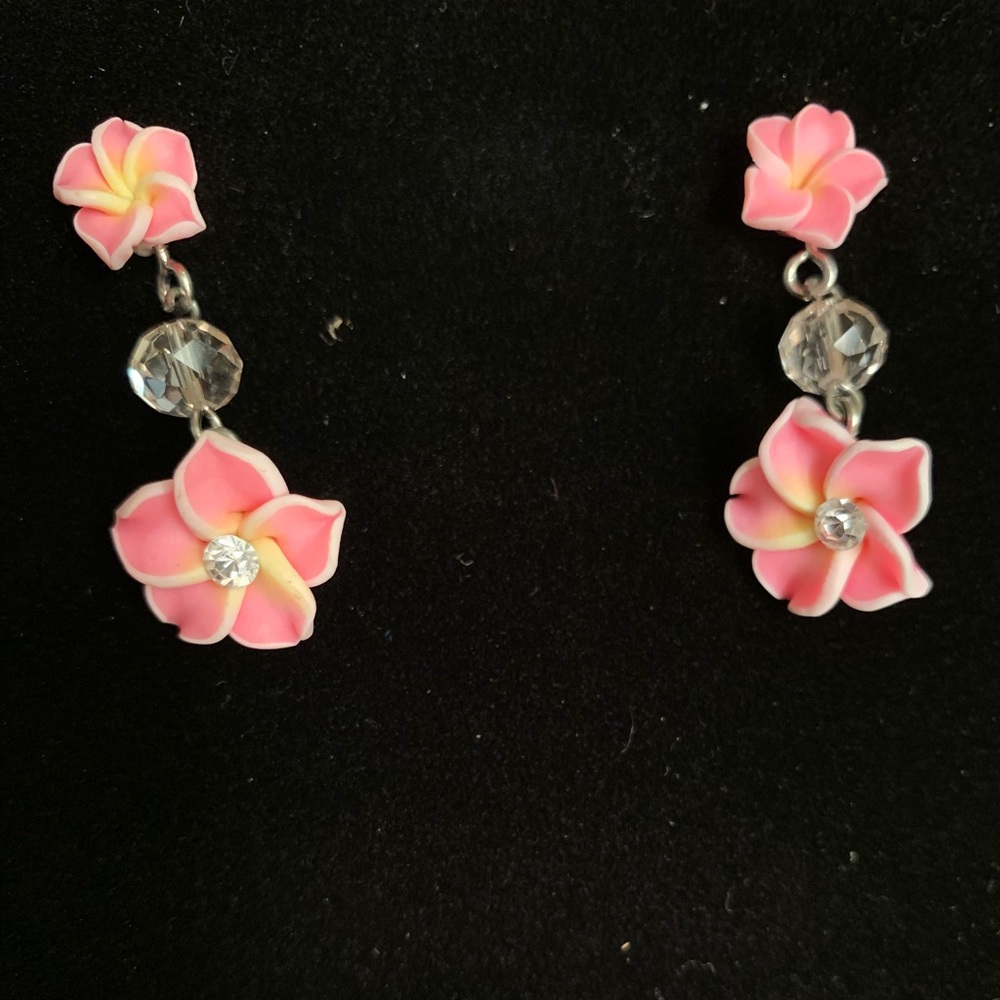 Pink floral rhinestone earrings